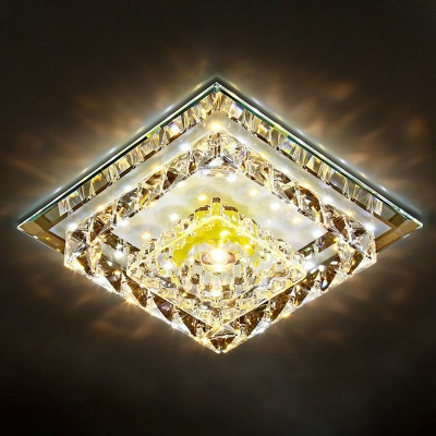 Modernist LED Flush-Mount Light Fixture Mirrored Tiered Square Ceiling Lamp with Clear Crystal Shade, Warm/White Light/Third Gear