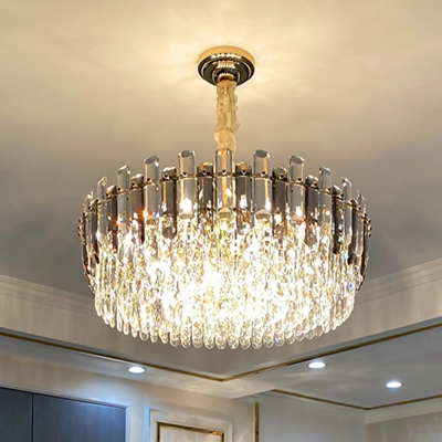 Multi-Tiered Living Room Hanging Lamp Clear Crystal Block 9/11/18-Head Postmodern Chandelier in Gold, 14