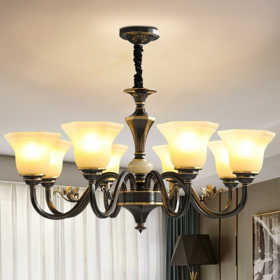 Paneled Bell Milk Glass Hanging Lamp Classic 3/8/12 Lights Dining Room Up Chandelier in Black