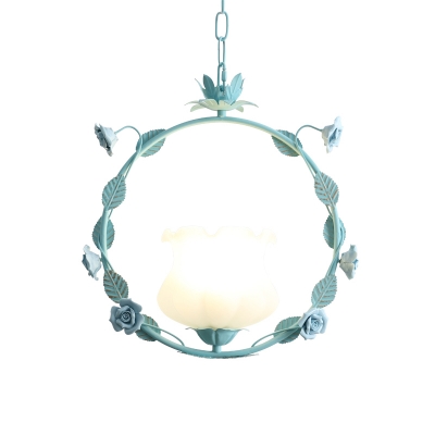 Pink/Blue Wreath Pendulum Light Pastoral Flower Opal Glass Single Living Room Down Lighting Pendant
