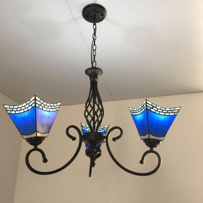 Pyramid Up Chandelier Lamp 3-Bulb Pink/Blue/Yellow Glass Mission Style Ceiling Pendant with Swirl Arm