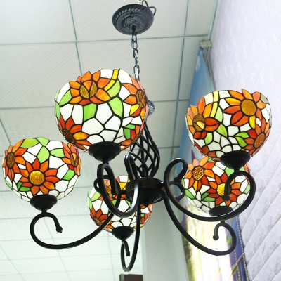 Red 5-Head Ceiling Chandelier Tiffany Sunflower Patterned Glass Dome Suspension Pendant Light