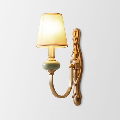 Retro Cone Shade Wall Light Single-Bulb Fabric Wall Mounted Lamp with Curved Arm in Gold