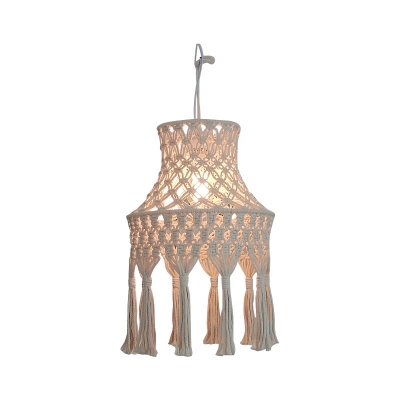 Roped Flared Pendant Light Fixture Cottage 1 Bulb Dining Room Suspension Light with Tassel Knot in Beige