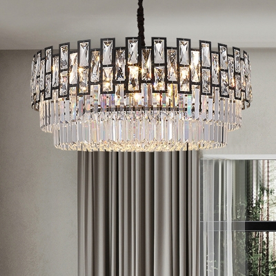 Round/Rectangle Tiered Chandelier Lighting Contemporary Faceted Clear Crystal Prism 8/10/15 Bulbs Black Small/Large Suspension Lamp