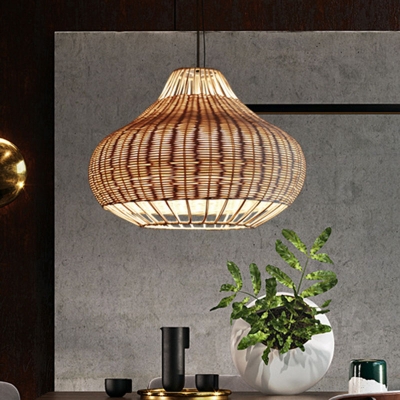 Rustic Pear Shaped Pendant Light Kit Rattan 1-Light Dining Table Small/Large Hanging Lamp in Wood