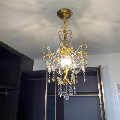 Scrolled Frame Foyer Pendant Lamp Vintage Clear Crystal 1 Head Black/Gold Ceiling Hang Light