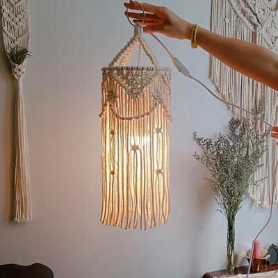 Single-Bulb Pendant Lamp Bohemian Style Handmade Fringe Rope Hanging Ceiling Light in White