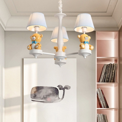 Tapered Fabric Hanging Light Fixture Cartoon 3/5/6 Bulbs White Chandelier with Yellow Bear Deco