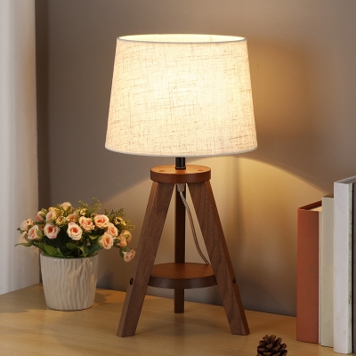 Tripod Stool Shaped Night Lamp Nordic Wood 1-Light Brown/Beige Table Light with Tapered Fabric Lampshade