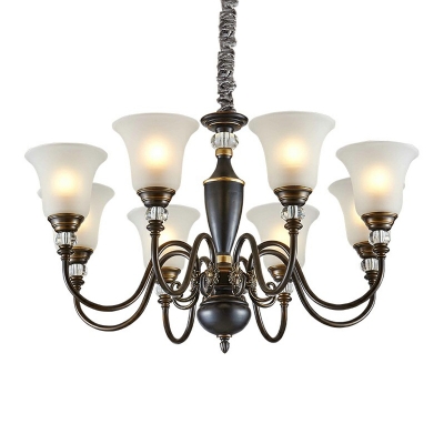 Trumpet Flared Frosted Glass Chandelier Country Style 3/6/8 Bulbs Living Room Suspension Light in Black