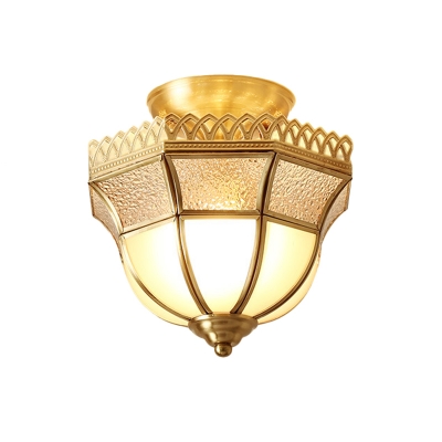 Water Glass Bell/Cone Small Flush Light Antiqued 1-Light Corridor Semi Flush Mount Ceiling Lamp in Gold