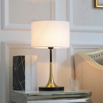 White/Flaxen Cylindrical Nightstand Light Postmodern 1 Head Fabric Table Lamp with Flared Base