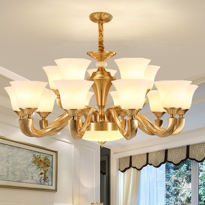 White Glass Brass Chandelier Light Flared Square 8/10/15 Bulbs Traditional Style Wall Mounted Light Fixture