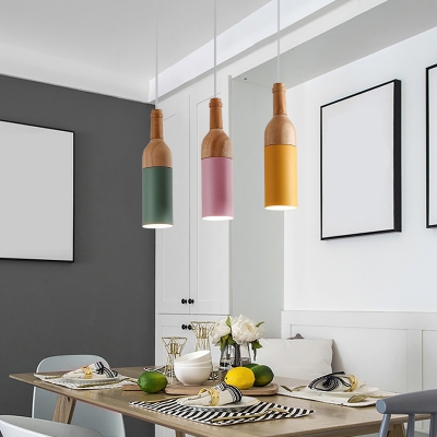 Wine Bottle Dining Room Drop Pendant Metallic 3-Head Macaron Style Hanging Ceiling Light in Wood