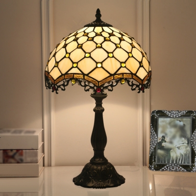 1 Bulb Jeweled Table Lamp Baroque White Cut Glass Night Light with Wavy-Edged Filigree