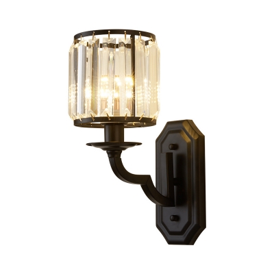 1-Light Wall Lamp Retro Living Room Wall Sconce with Cylinder Crystal Shade in Black