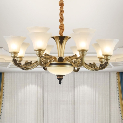 10/12/15 Bulbs Up Chandelier Traditional Paneled Bell Frosted White Glass Pendant Light Fixture in Brass