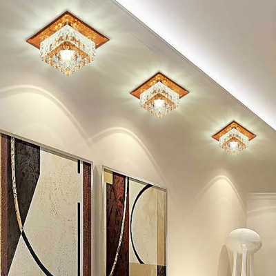3/5w Living Room LED Ceiling Lamp Simple Tan Flushmount with Square Clear Crystal Shade, Warm/White/Multi-Color Light