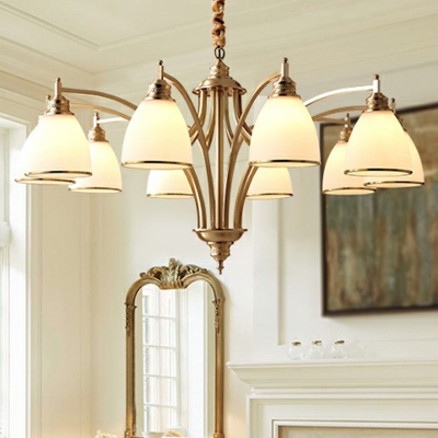 3/8/10 Heads Chandelier Lamp Traditional Dining Room Hanging Light with Bell White Glass Shade in Gold