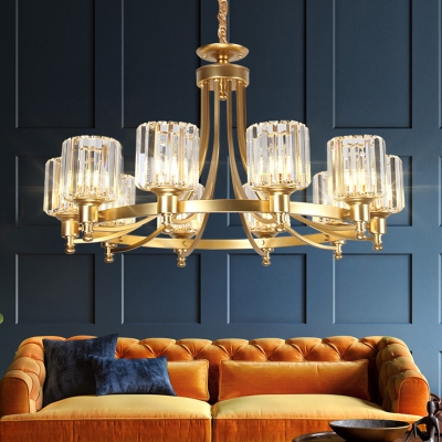 8/10-Bulb Prismatic Crystal Chandelier Modern Black/Gold Cylindrical Living Room Hanging Lamp