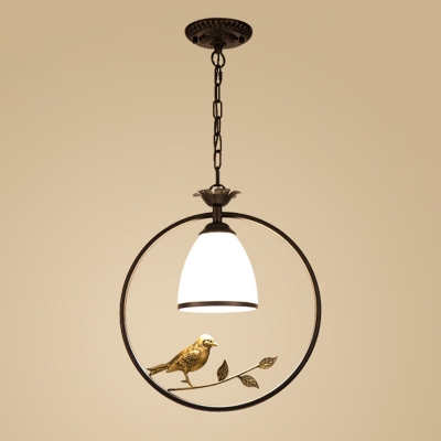 Bell Dining Room Pendant Lighting Rural Milk Glass Single Black Ceiling Lamp with Round/Oval Perch and Bird Deco