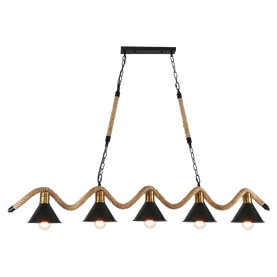 Black Cone/Cage Island Light Industrial Iron 3/5 Bulbs Wine Bar Ceiling Suspension Lamp with Rope Detail