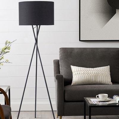 Black/White Drum Floor Standing Lamp Minimalist Fabric 1-Light Living Room Tripod Floor Light