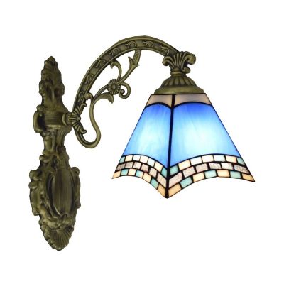 Blue Glass Pyramid Wall Lamp Mission 1/2-Head Bronze Finish Sconce Light for Dining Room