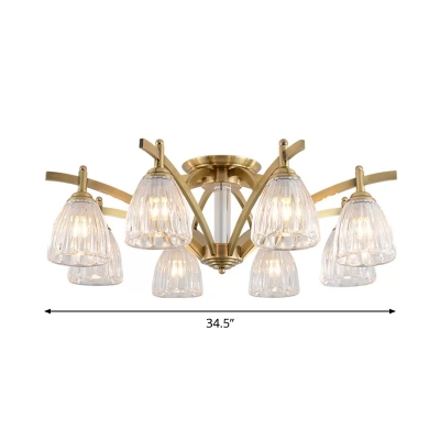 Brass 3/8/10 Heads Flush Chandelier Modern Clear Textured Glass Bell Semi Flush Ceiling Light