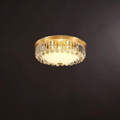 Brass Round Ceiling Lighting Colonial Crystal 3/4-Light Flush Mount Lamp with Dome Frosted Glass Diffuser, 14