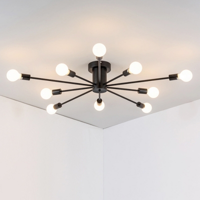 Burst Semi Flush Ceiling Light Postmodern Metal 6/8/10 Bulbs Living Room Flush Chandelier in Black/Gold