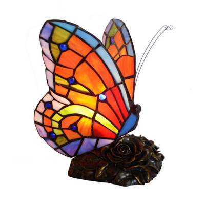 Butterfly Small Table Lamp Single Tiffany Glass Rustic Nightstand Light in Orange