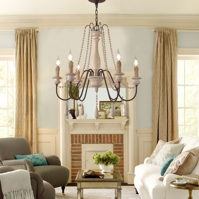 Candle Living Room Hanging Lamp Country Wooden 6/8/12-Head Distressed White Ceiling Chandelier