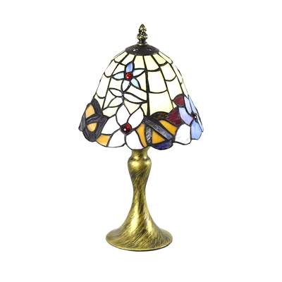Carillon Shaped Night Lamp Tiffany Hand-Crafted Glass 1 Bulb Brass Table Light with Flower Pattern