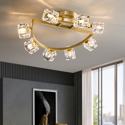 Crystal Cubic Ceiling Flush Light Post-Modern 2/5/8 Lights Corridor Semi Flush Mount Lamp in Antiqued Gold