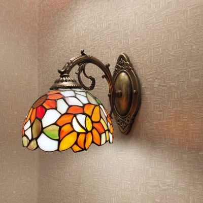 Cut Glass Sunflower Wall Mount Lighting Tiffany 1-Light Orange Sconce Light Fixture with Carved Arm