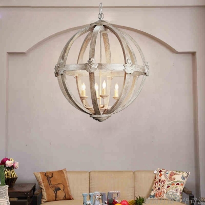 French Country Spherical Chandelier 4 Bulbs Wooden Ceiling Pendant Light in White/Distressed White