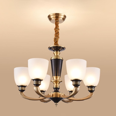 Frosted White Glass Bell Pendant Light Traditional 6/8/15-Light Bedroom Chandelier in Antiqued Brass