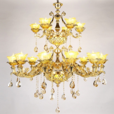 Gold 1/2/3-Tier Floral Chandelier Traditional Carved Amber Glass 15/18/24 Lights Living Room Wall Mount Lamp