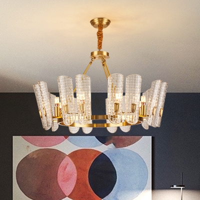 Gold Round Hanging Chandelier Postmodern 6/8/10 Heads Curved Grid Glass Ceiling Light Fixture