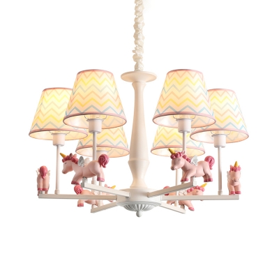 Kids Conical Hanging Pendant Chevron/Cloud Print Fabric 3/5/6-Light Bedroom Chandelier with Unicorn Deco in Pink