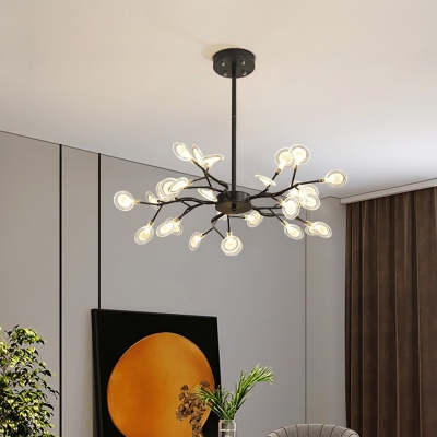 Leaf/Orb Shaped Ceiling Hang Lamp Modernism Acrylic 30/45/54 Heads Bedroom Firefly Chandelier in Black/Gold