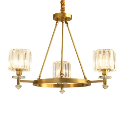 Mid-Century Circular Chandelier Crystal Block 3/6/8-Bulb Living Room Hanging Pendant Light in Gold