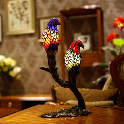 Parrot Stained Glass Nightstand Light Tiffany 2 Heads Red Table Lamp with Bare Tree Stand