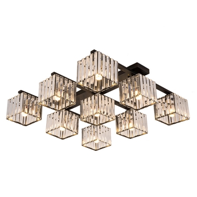 Prismatic Crystal Cube Ceiling Lamp Postmodern 4/6/9-Light Flush Mount Lighting Fixture in Black/Gold