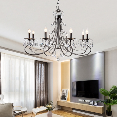 Retro Candlestick Chandelier 6/8/12 Heads Iron Hanging Lamp in Black with Crystal Decoration