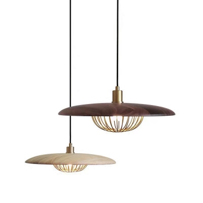 Saucer Metal Pendulum Light Designer 1-Light Grey/Light Wood/Gold Hanging Pendant with Cage Bottom