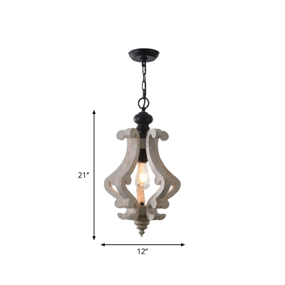 Single-Bulb Pendulum Light Country Style Dining Room Drop Pendant with Jar Wood Cage in Distressed White