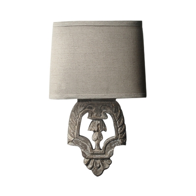 Square Living Room Flush Mount Wall Sconce Rustic Fabric 1-Light Brown Wall Light with Carved Wood Backplate